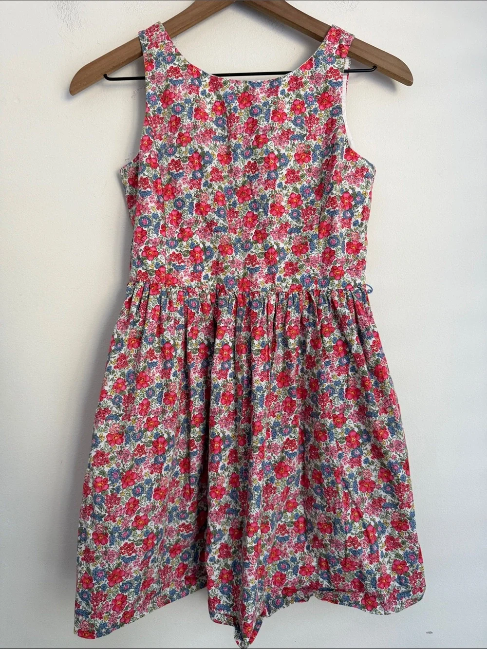 Ralph Lauren Girls Red & Blue ditsy Floral Cotton Dress sleeveless pockets 12